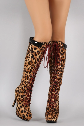 Quin Stretch Knee High Boot Bamboo Leopard Combat Lace Up Stiletto Platform Boots