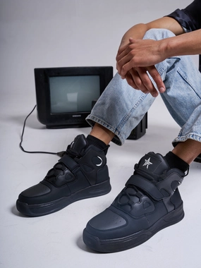 Men Black High Ankle Casual Chunky Lace Up Sneakers with Hook and Loop Closure Strap|Rubber Outsole High Top Basketball Shoes Sneakers Airforce