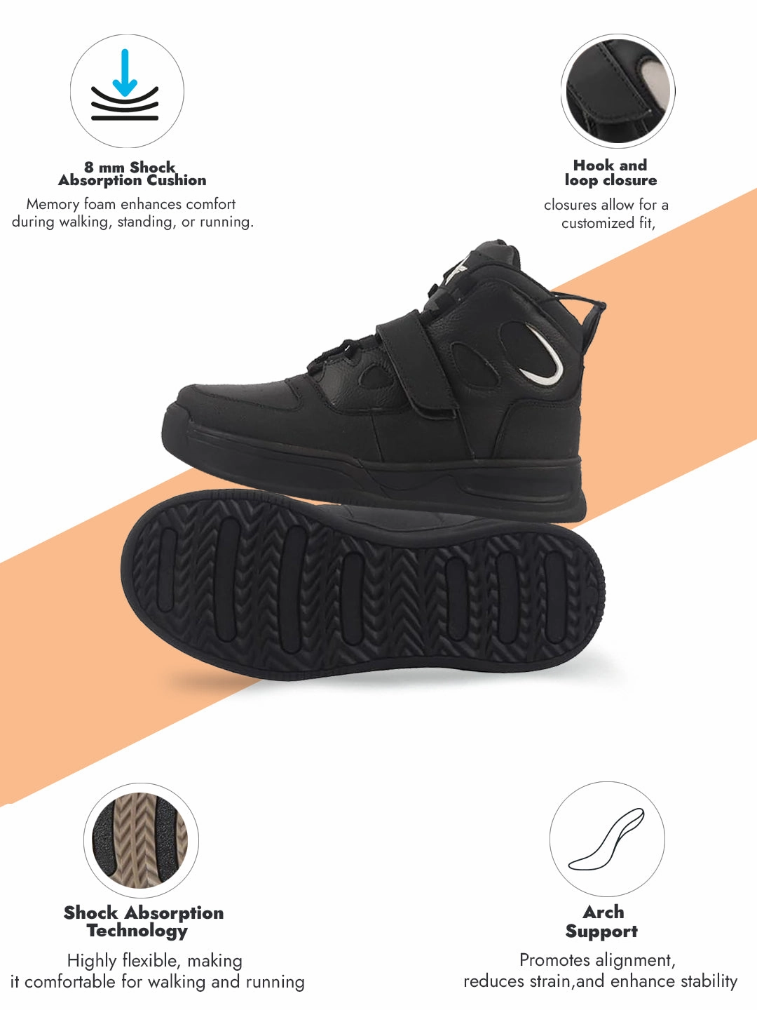 Platform Shoes Sneakers Men Black High Ankle Casual Chunky Lace Up Sneakers with Hook and Loop Closure Strap|Rubber Outsole High Top Basketball Shoes