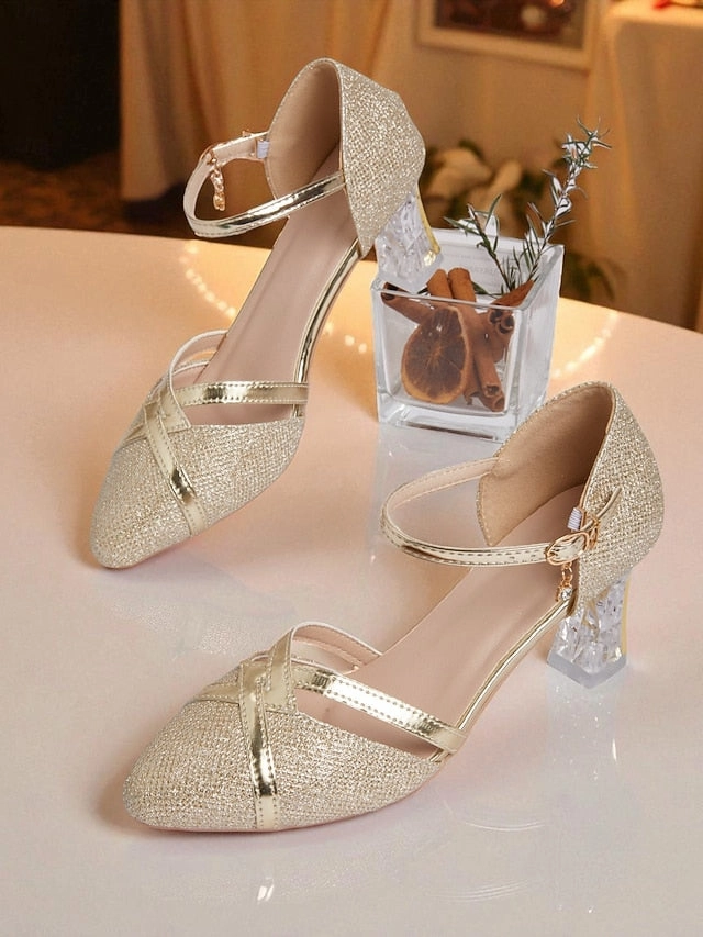 Strap Heel Gold Pumps Ankle Women's Block - Glitter Elegant