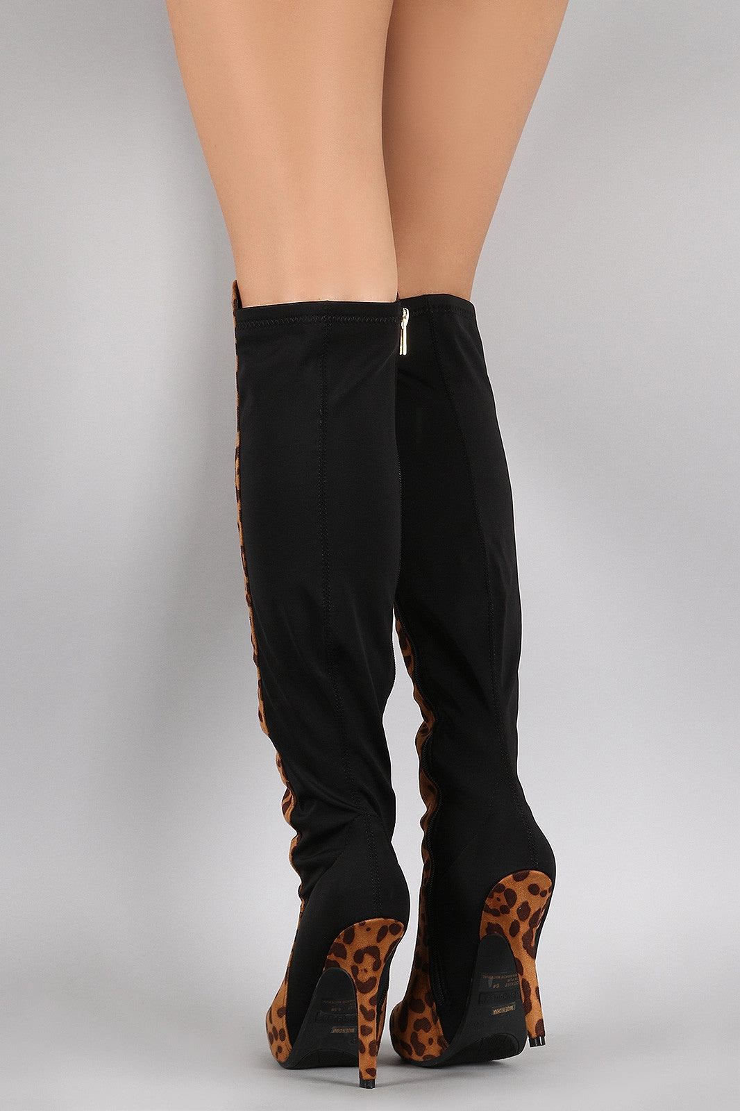 Knee High Soft Leather Boots Dollhouse Leopard Contrast Panel Stiletto Over-The-Knee Boots