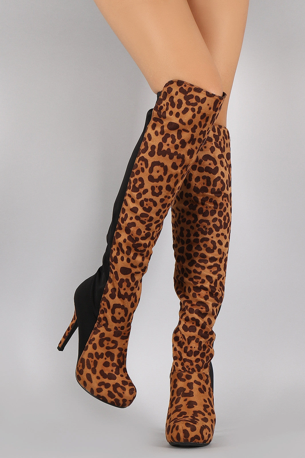 Knee High Boots Short Shaft Dollhouse Leopard Contrast Panel Stiletto Over-The-Knee Boots