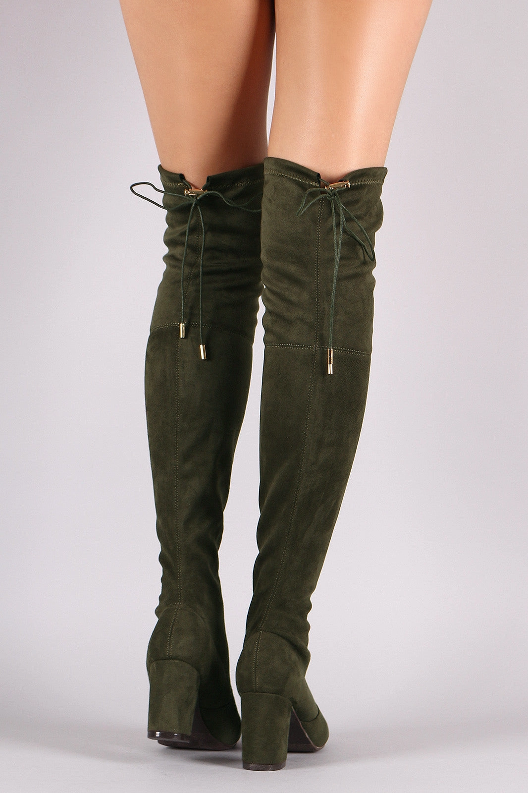 Suede Drawstring Tie Chunky Heeled Over-The-Knee Boots Knee High Boots Wide Toe Box