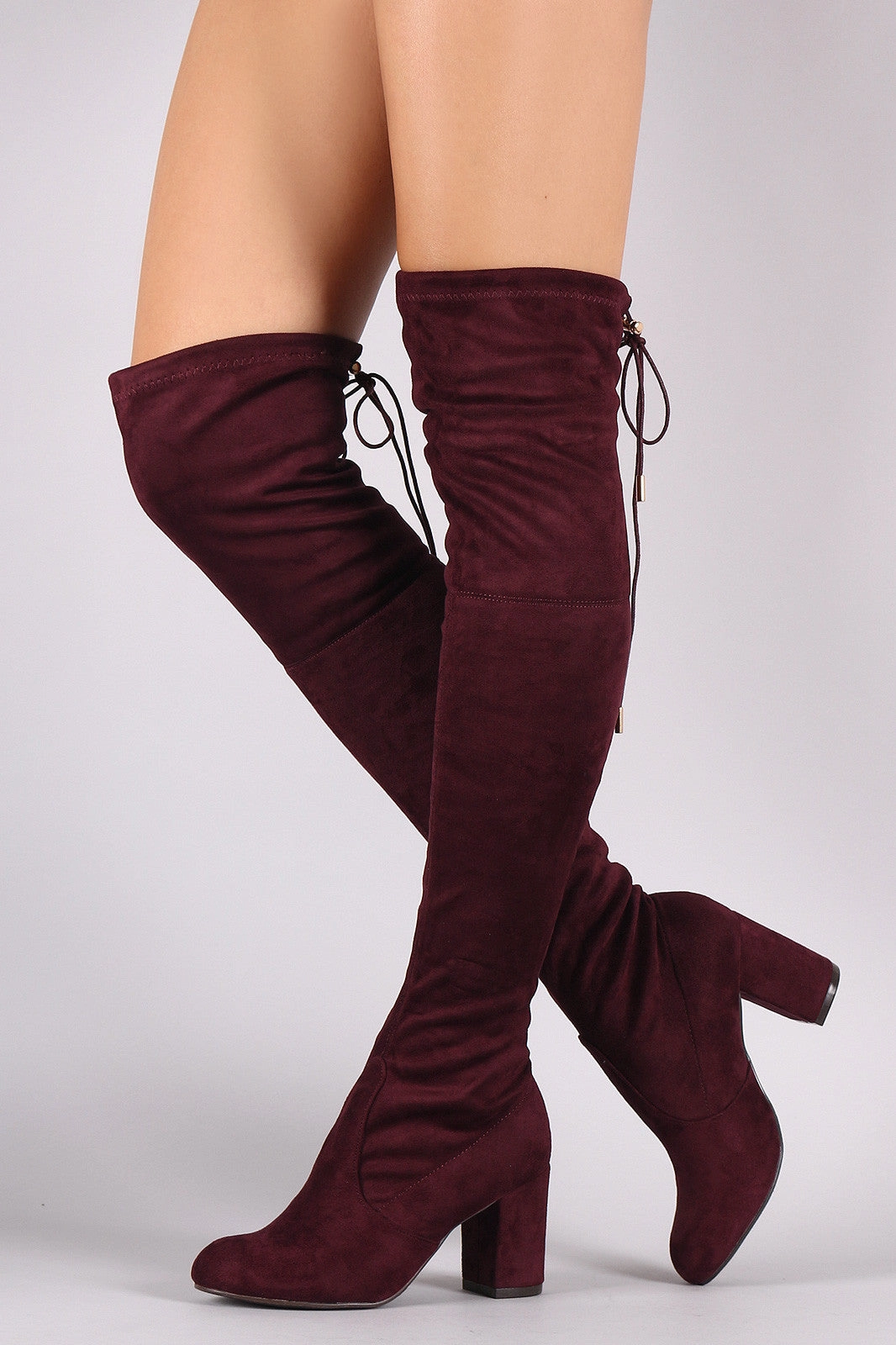 Knee High Suede Boots Suede Drawstring Tie Chunky Heeled Over-The-Knee Boots
