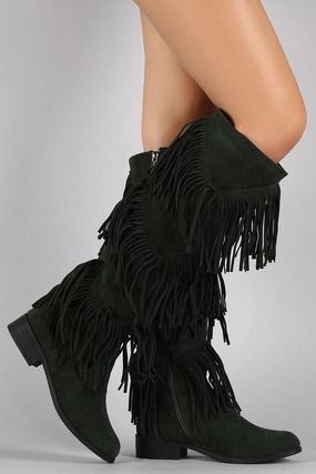 Suede Layered Fringe Round Toe Knee High Boots Western Buckle Knee High Boots