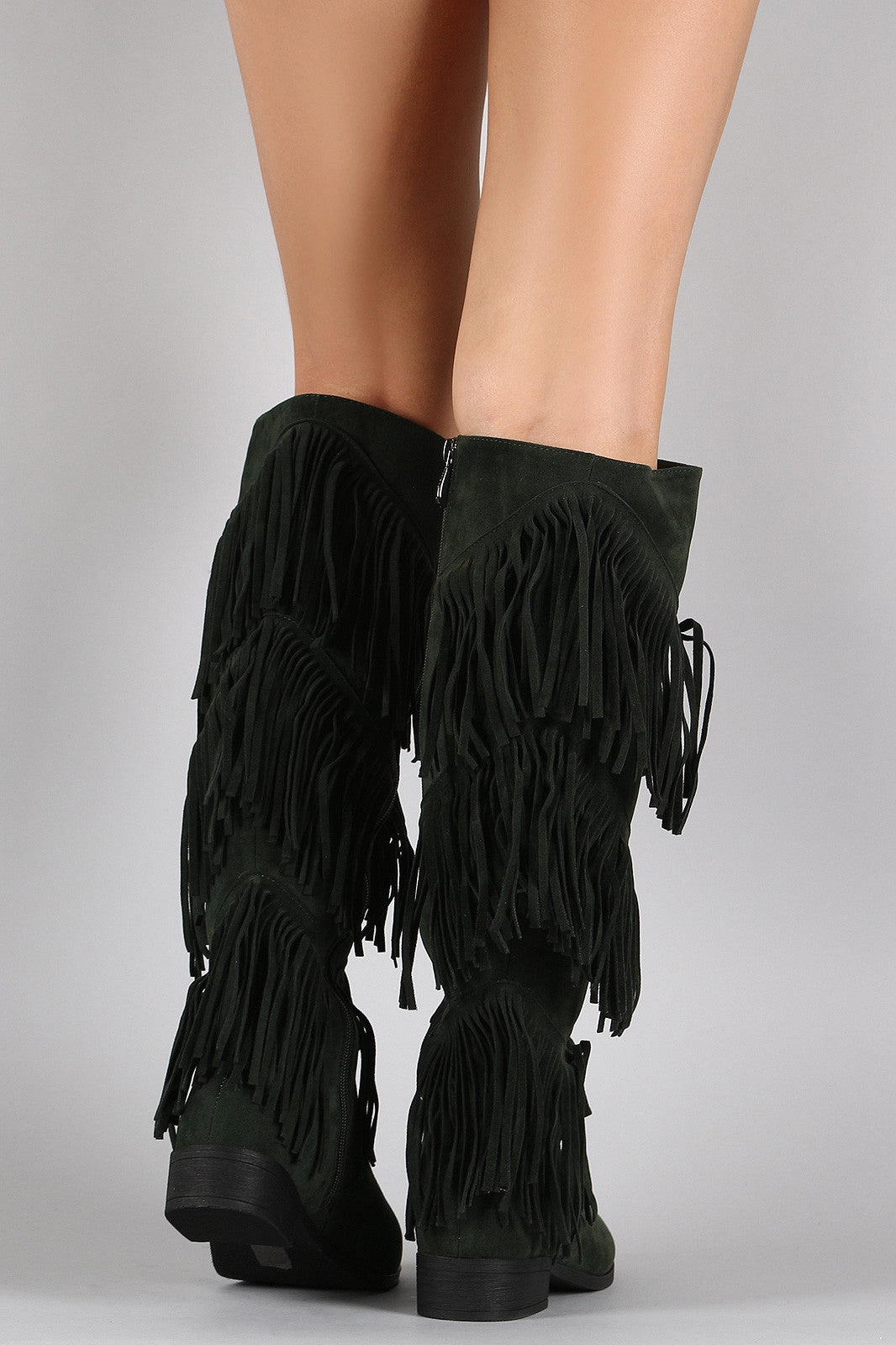 Wide Fit Over Knee High Boots Suede Layered Fringe Round Toe Knee High Boots