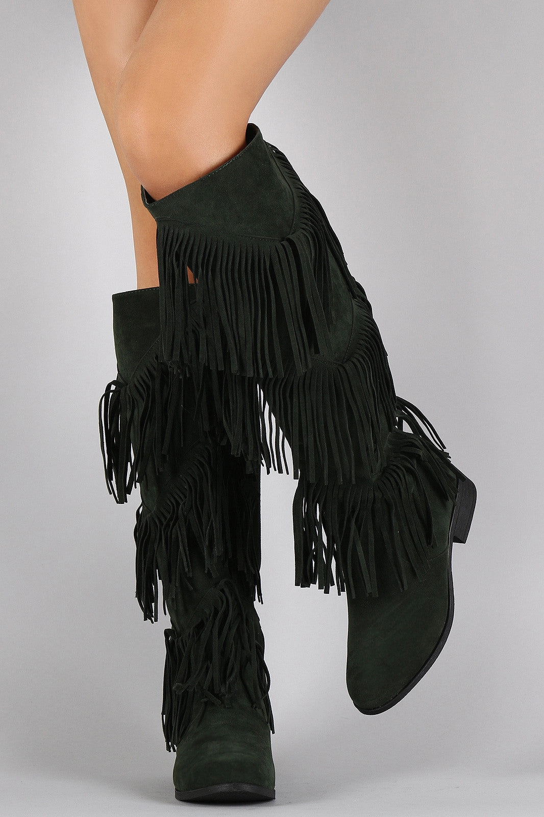 Toddler Knee High Boots Suede Layered Fringe Round Toe Knee High Boots