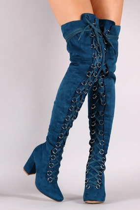 Boots Knee-high Suede Over The Knee Corset Lace Up Chunky Heel Boots