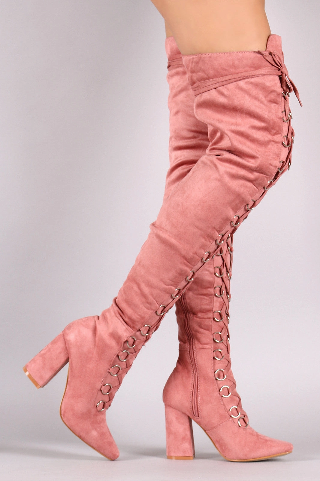 Suede Over The Knee Corset Lace Up Chunky Heel Boots