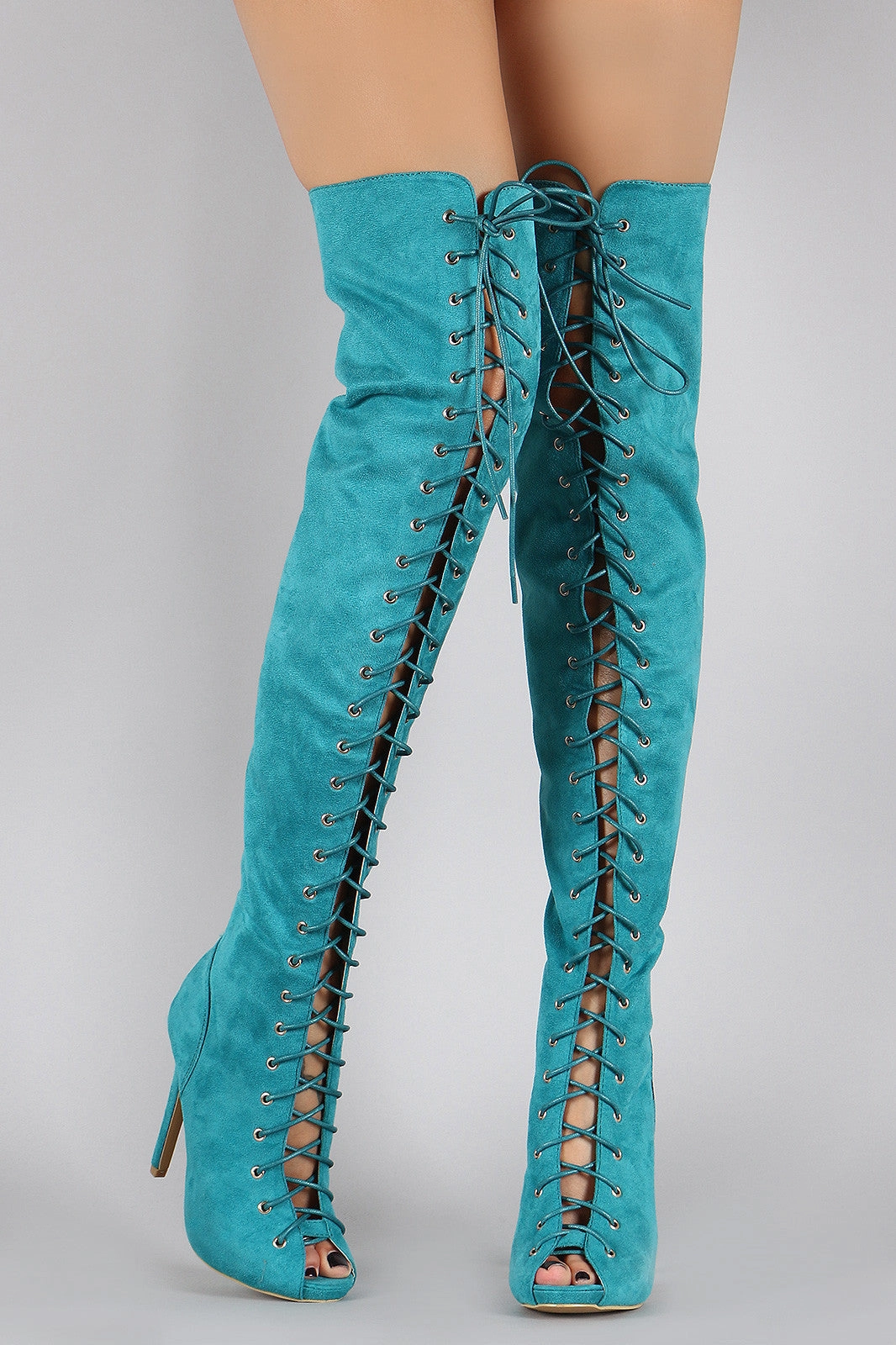 High Heel Knee Length Boots Suede Peep Toe Lace Up Stiletto Over-The-Knee Boots