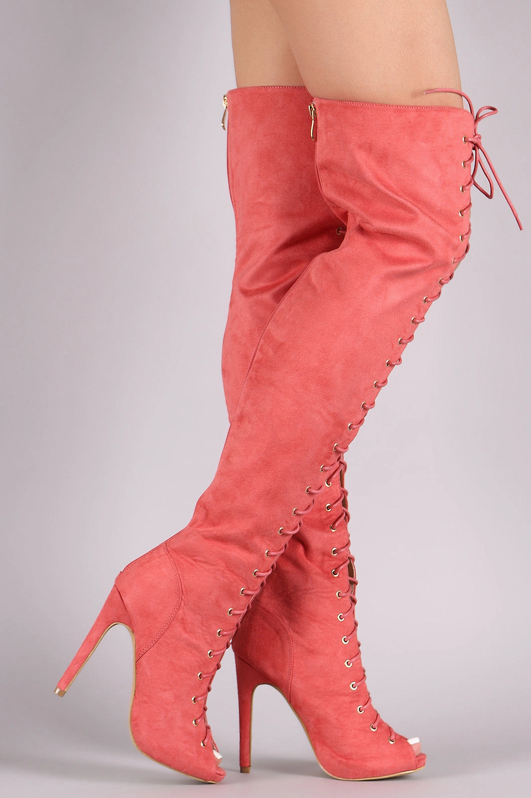 Suede Peep Toe Lace Up Stiletto Over-The-Knee Boots Knee High Boots Pvc