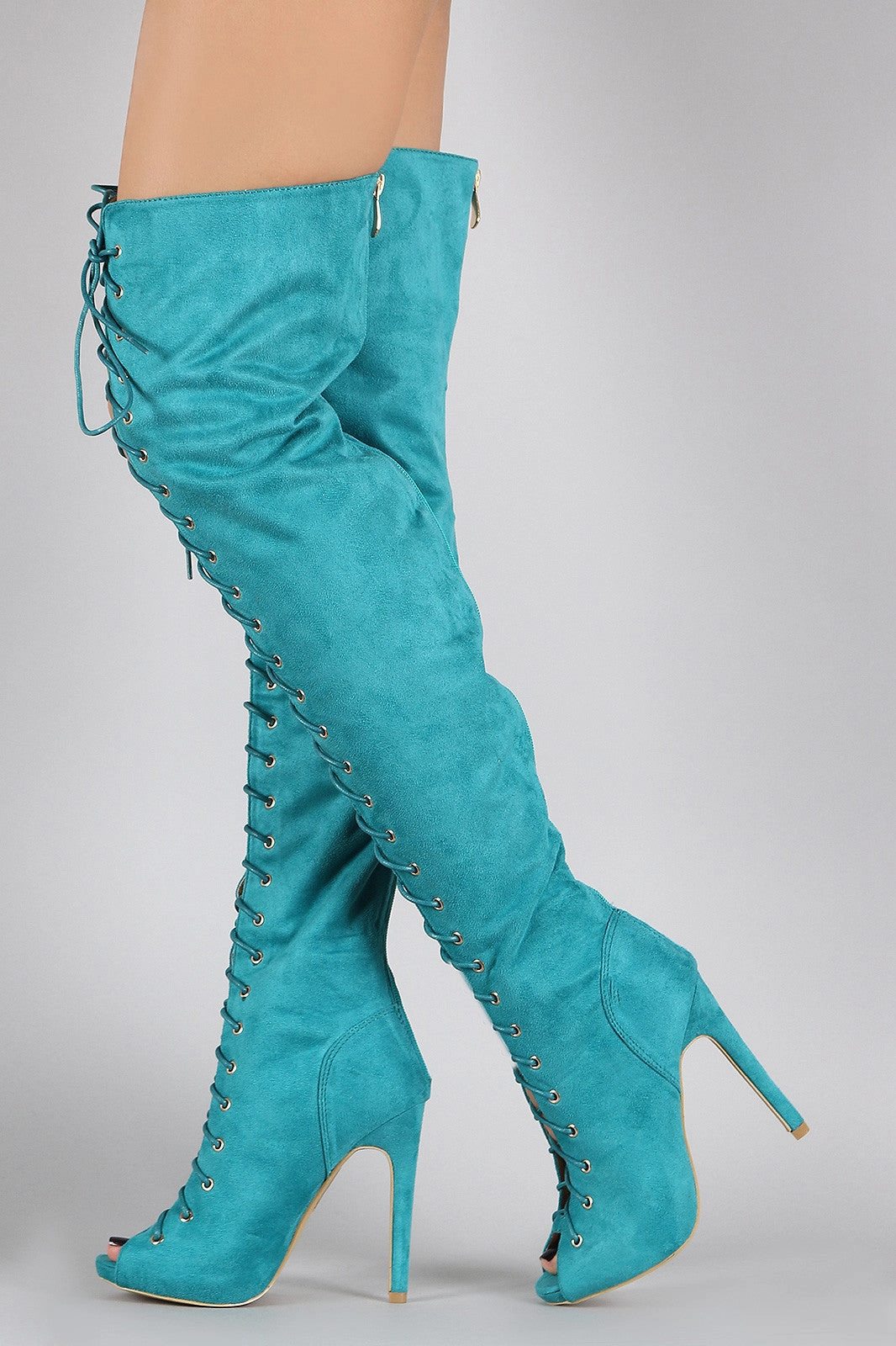 Cheap Knee High Boots Suede Peep Toe Lace Up Stiletto Over-The-Knee Boots