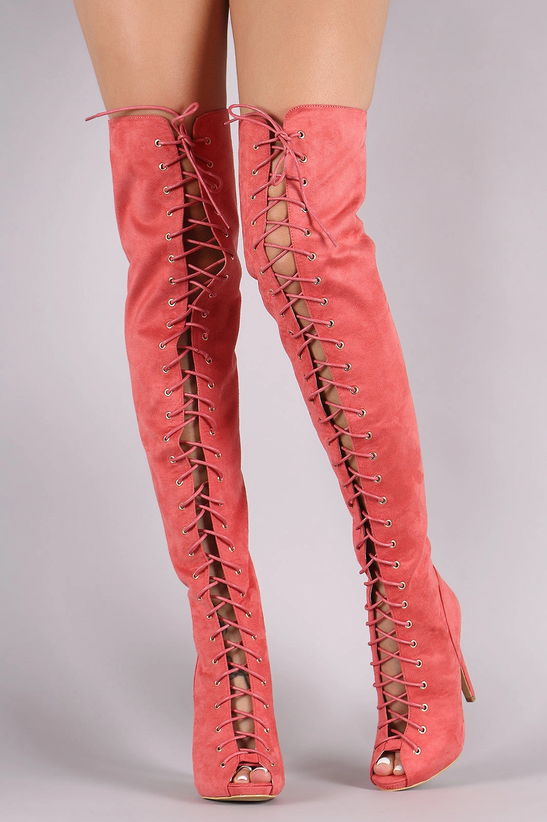 Knee High Flat Suede Boots Suede Peep Toe Lace Up Stiletto Over-The-Knee Boots