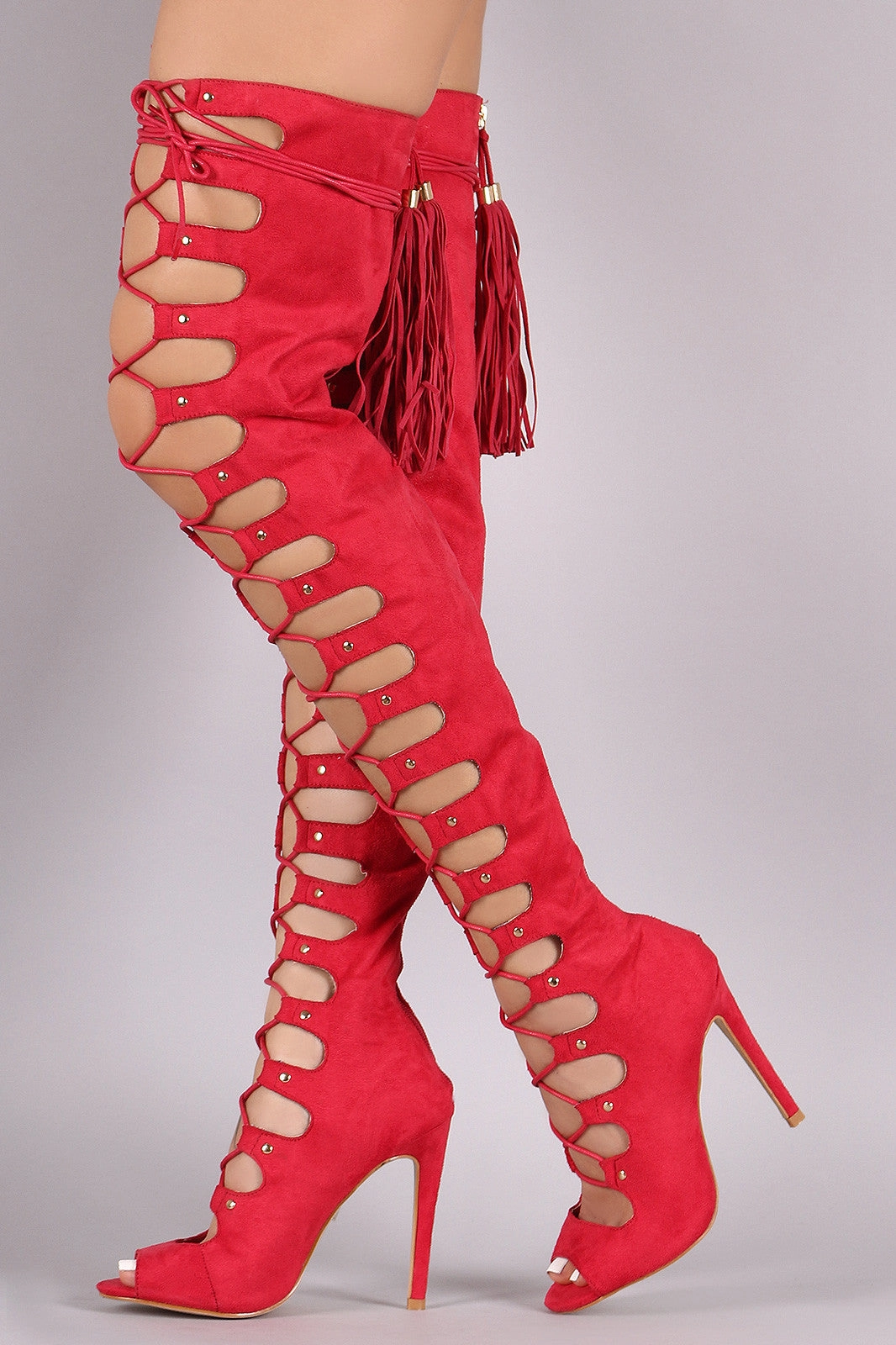 Suede Peep Toe Tassel Over-The-Knee Lace-Up Boots Comfortable.knee High Boots