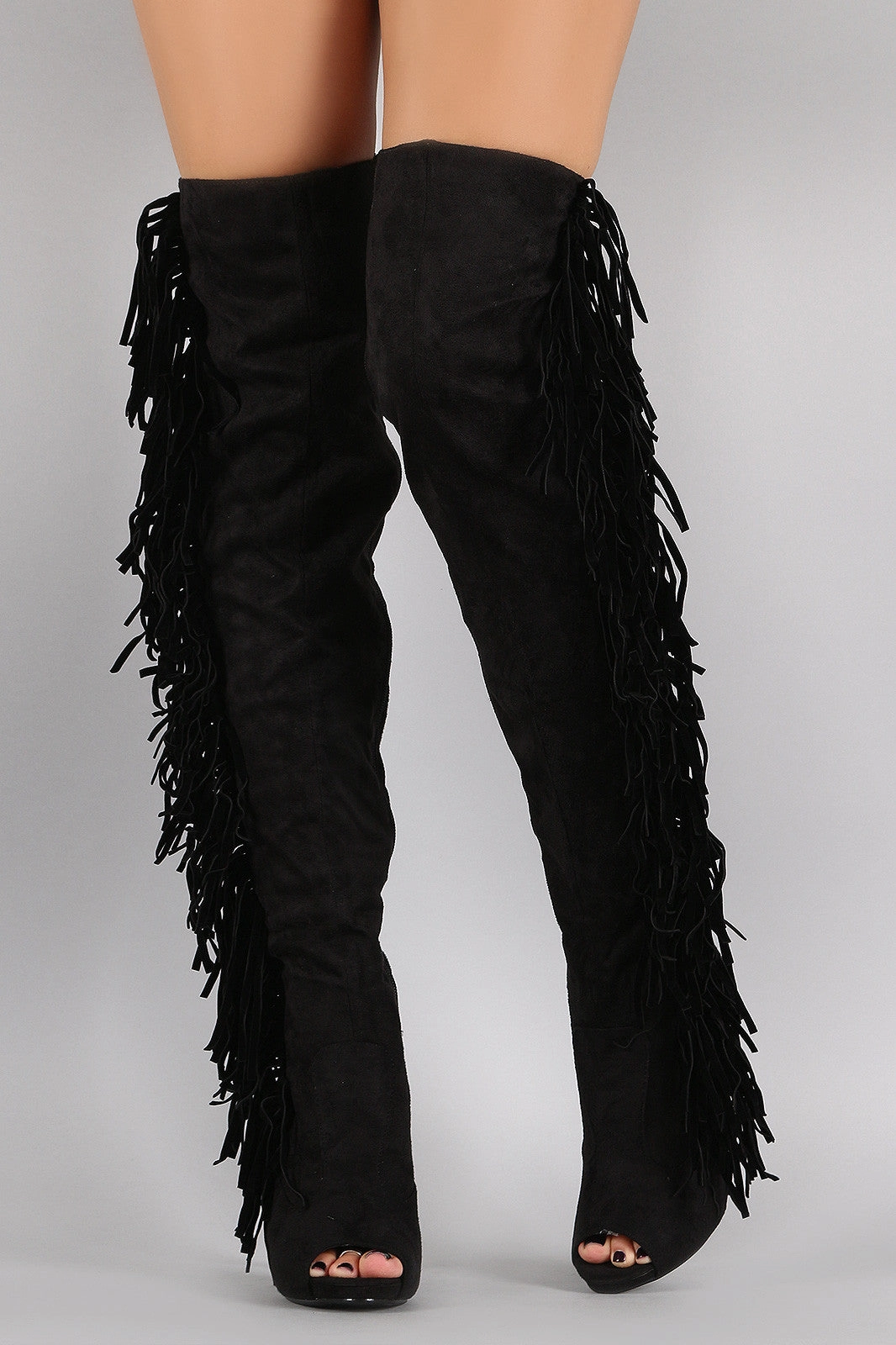 Suede Side Fringe Peep Toe Over-The-Knee Stiletto Boots Plus Size Thigh High Knee High Boots Outfit