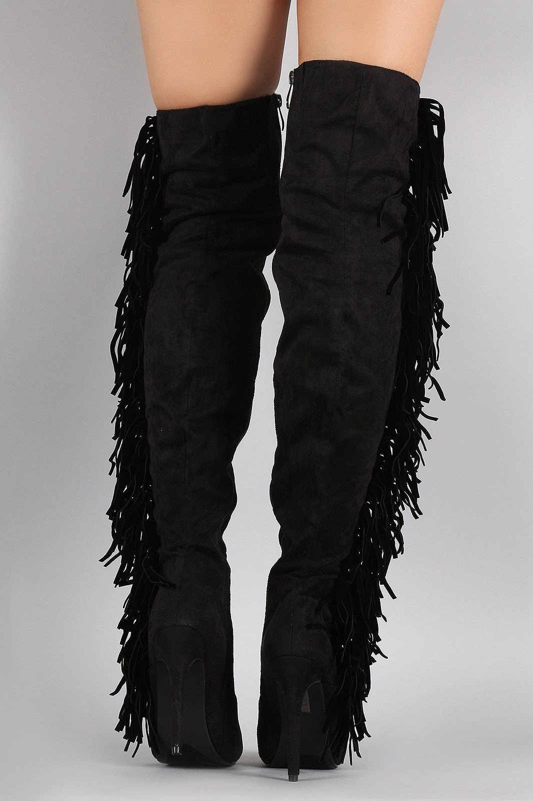 Suede Side Fringe Peep Toe Over-The-Knee Stiletto Boots Knee High Duck Boots