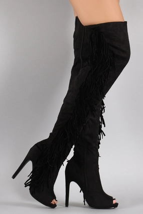 Suede Side Fringe Peep Toe Over-The-Knee Stiletto Boots Fur Top Knee High Boots