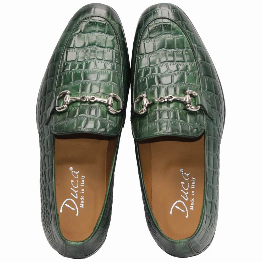 Duca Vasto Men's Green Croco Print Leather Loafers For Walking Spikeless Golf