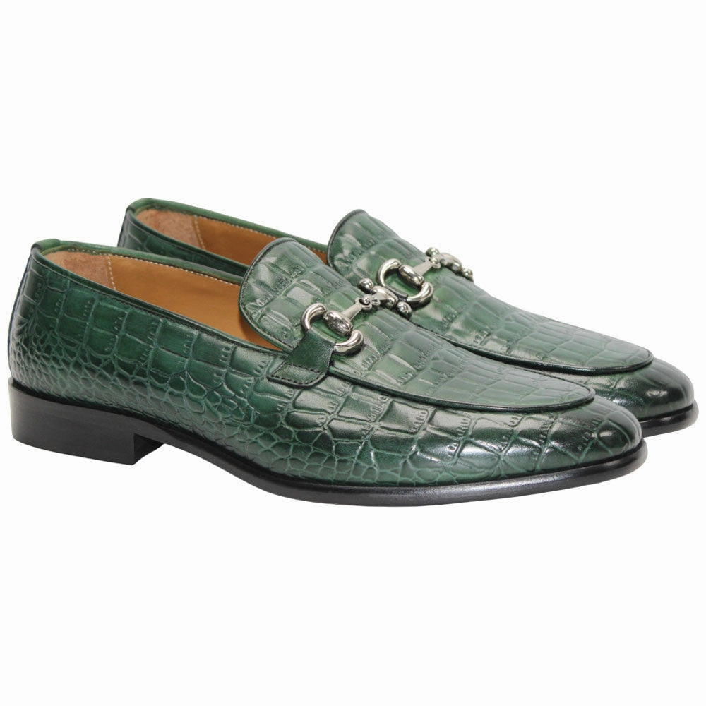Golf High Top Shoes Duca Vasto Men's Green Croco Print Leather Loafers