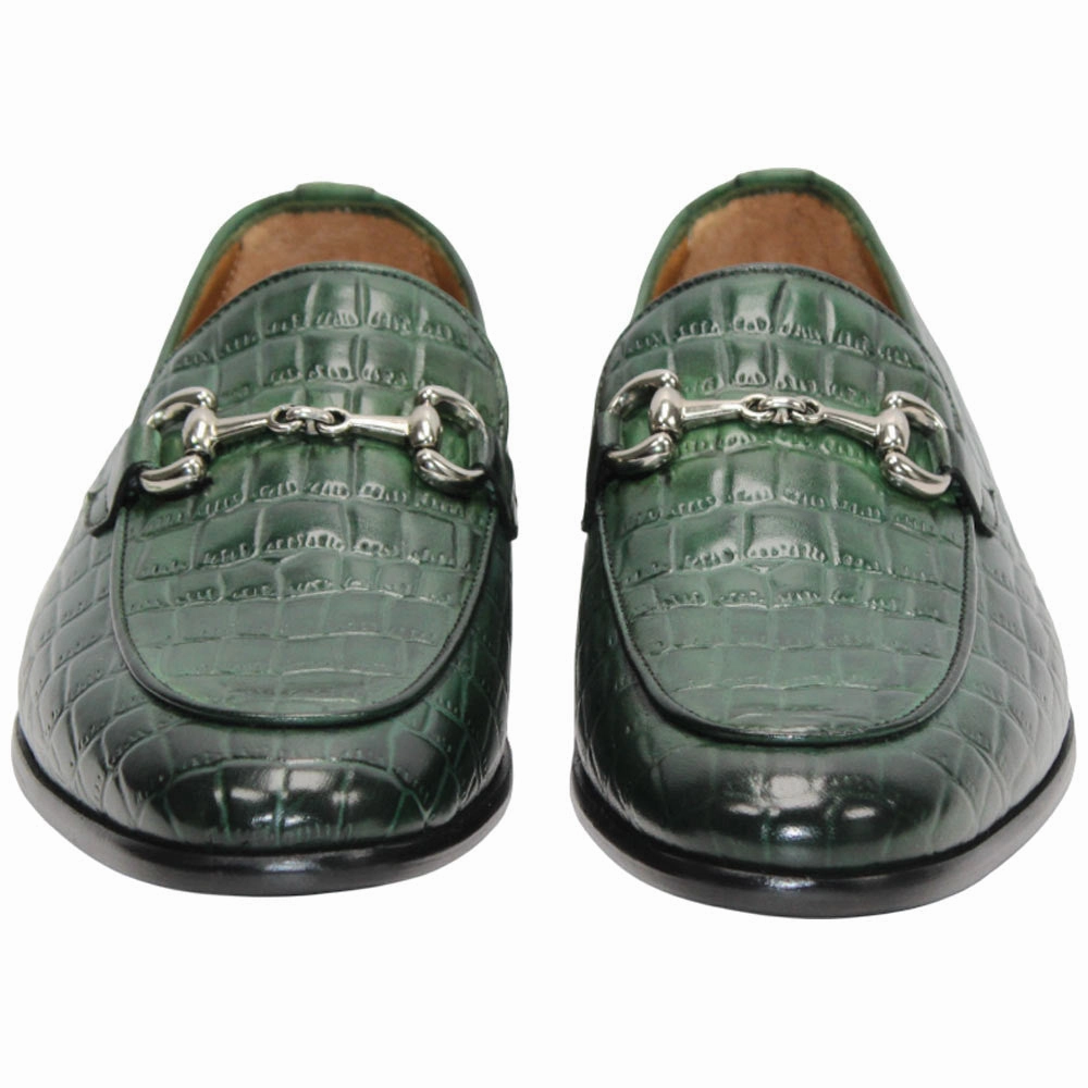Duca Vasto Men's Green Croco Print Leather Loafers Tgw Golf