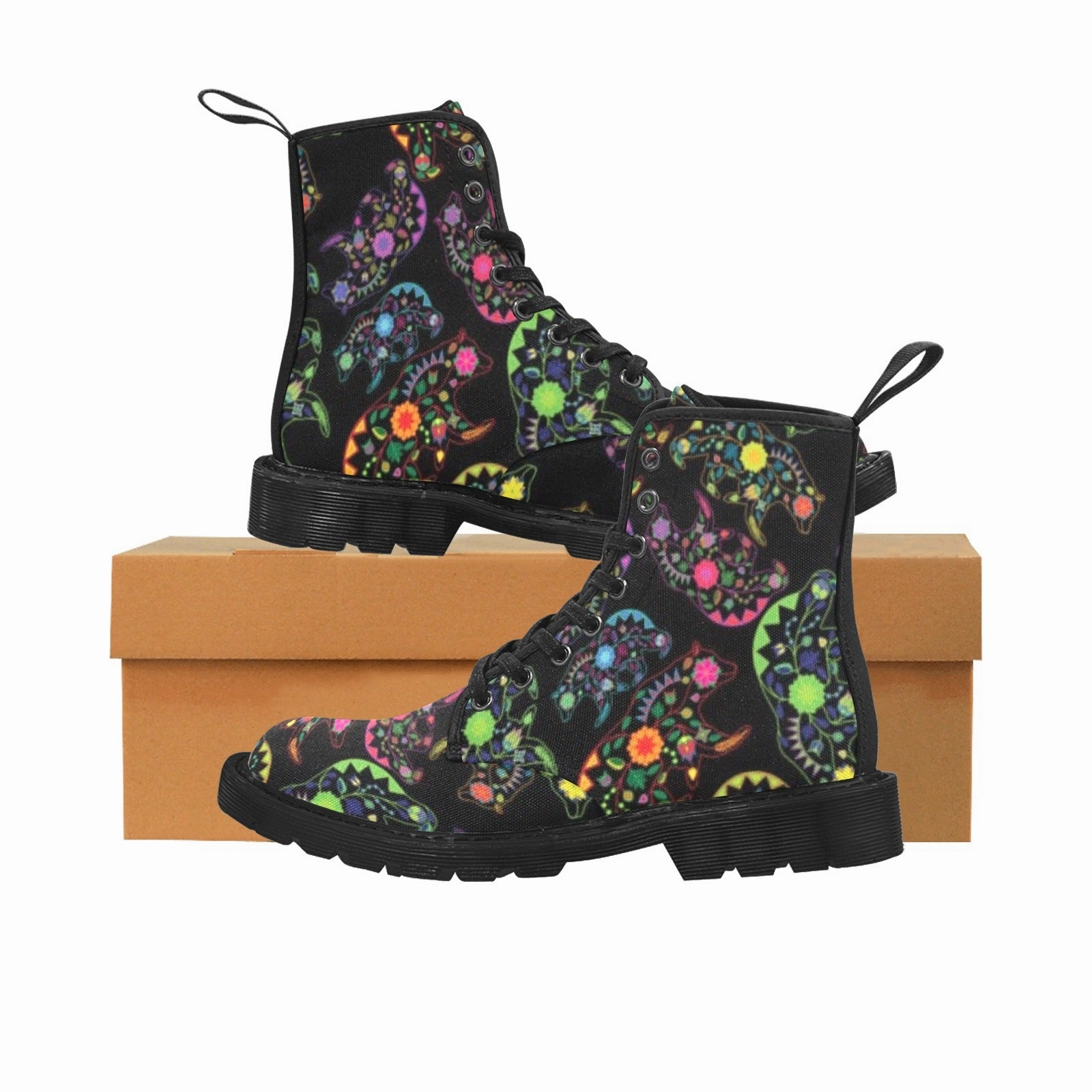 Combat Boot Lace Length Neon Floral Bears Boots for Men (Black)