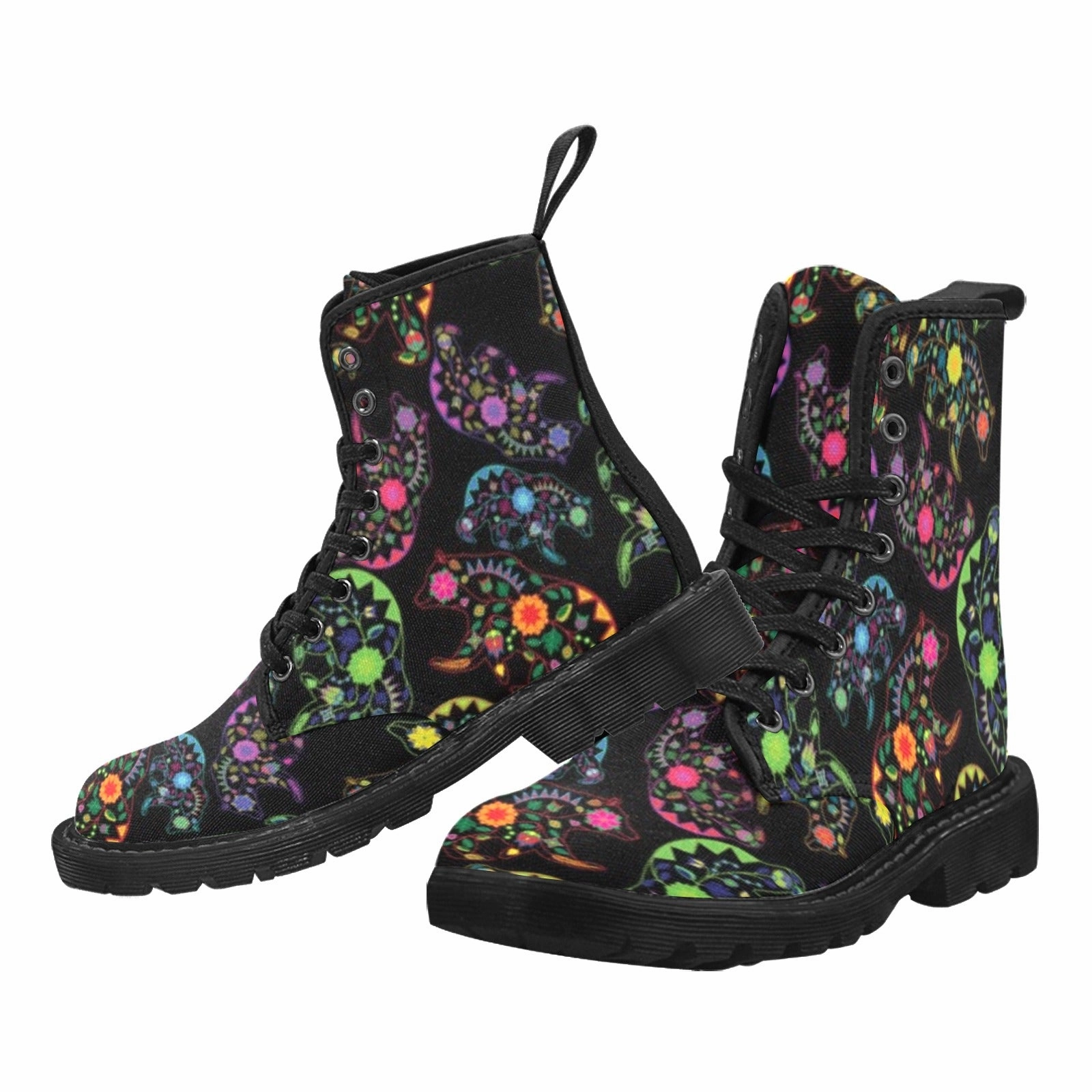 Neon Floral Bears Boots for Men (Black) Combat Boots Mid Calf