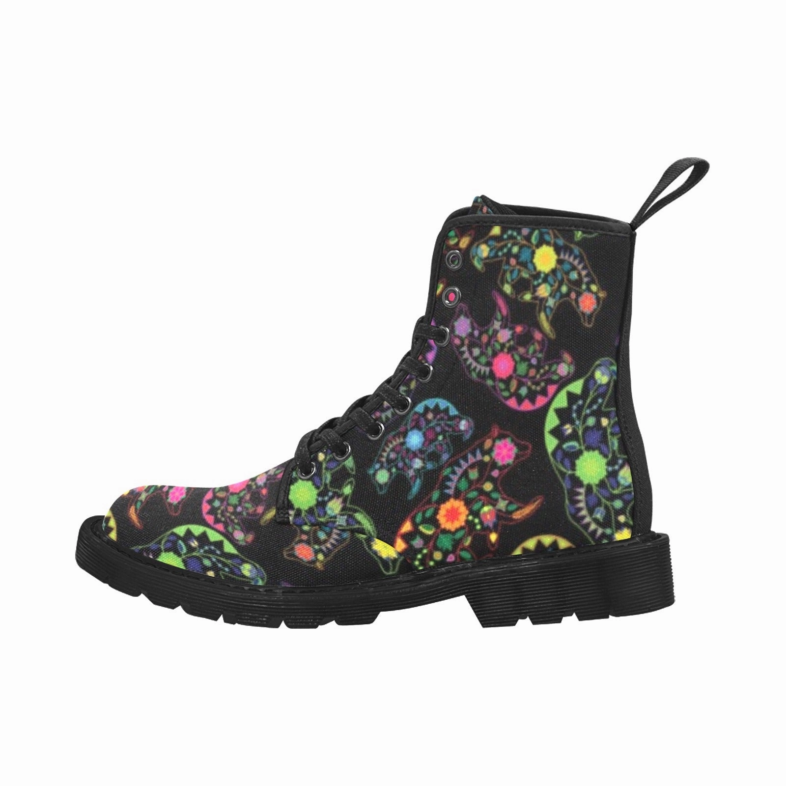 Neon Floral Bears Boots for Men (Black) Platform Combat Boots With Heel