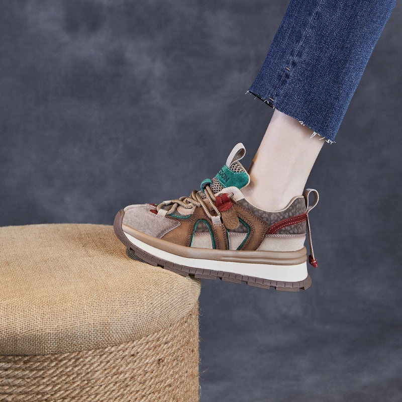 Women Retro Color Matching Leather Platform Sneakers Ecco Soft Sneakers