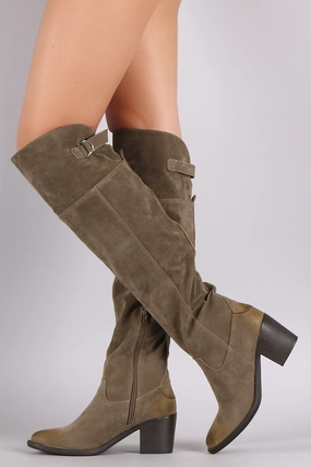 Square Toe High Knee Boots Qupid Suede Slit Buckled Strap Chunky Heeled Boots