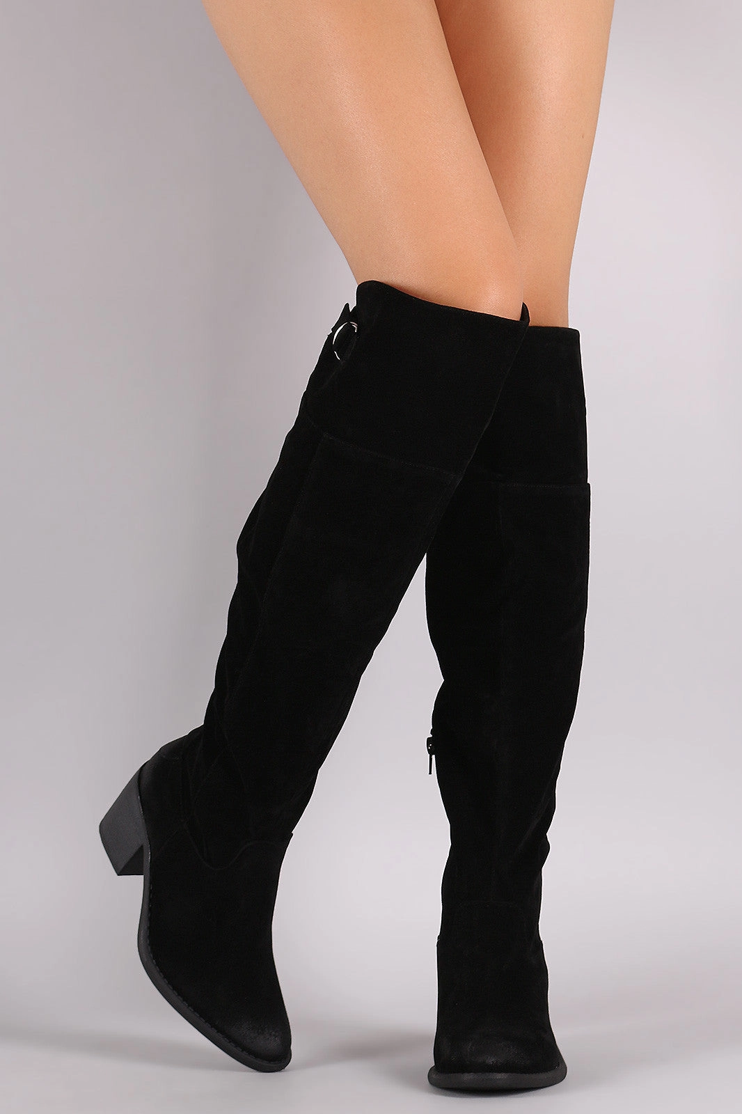 Qupid Suede Slit Buckled Strap Chunky Heeled Boots WaterProof Boots