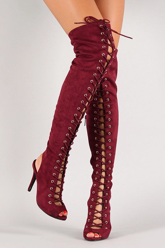 Knee High Boots With Jeans Outfits Breckelle Lace Up Back Cutout Stiletto Over-The-Knee Boot