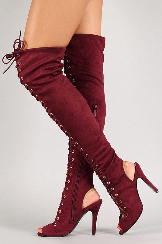 Breckelle Lace Up Back Cutout Stiletto Over-The-Knee Boot Pull Leather Knee High Boots