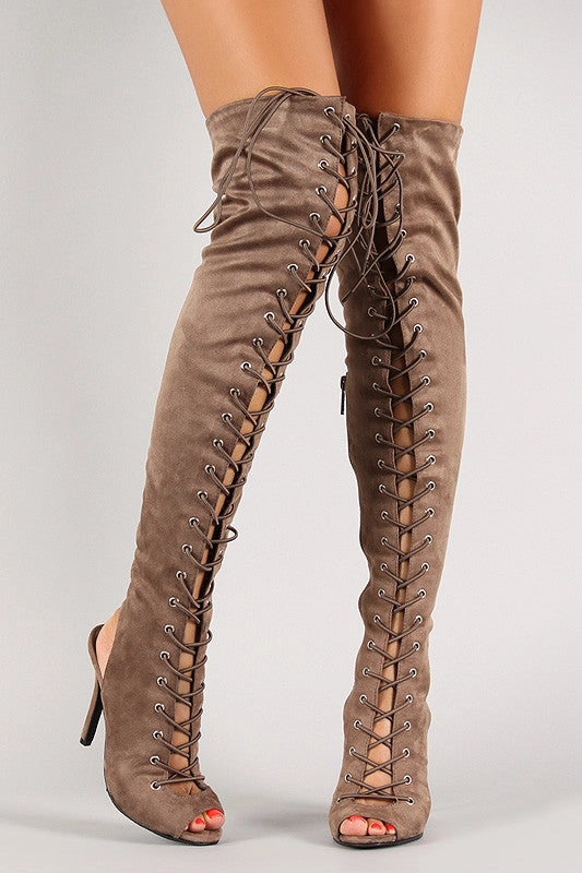 Color Knee High Boots Breckelle Lace Up Back Cutout Stiletto Over-The-Knee Boot