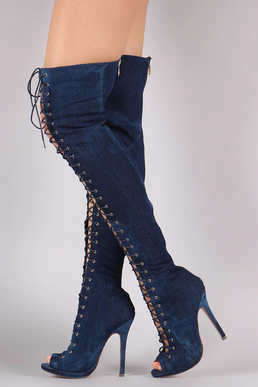 Liliana Denim Lace Up Stiletto Heeled Over-The-Knee Boots Knee High.boots