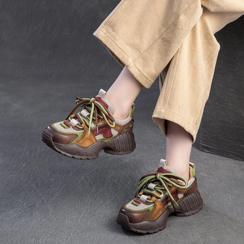 Women Retro Patchwork Leather Thick Soled Casual Sneakers Salsa Dance Sneakers