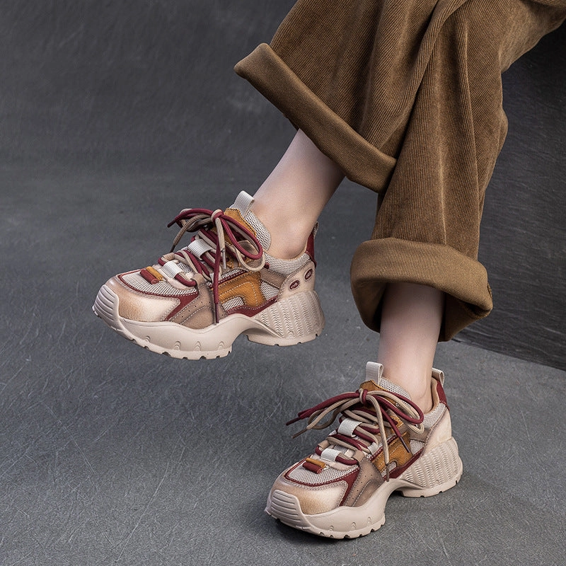 Size Basketball Sneakers Women Retro Patchwork Leather Thick Soled Casual Sneakers