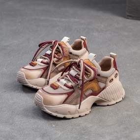 Sneakers For Wedding Women Retro Patchwork Leather Thick Soled Casual Sneakers