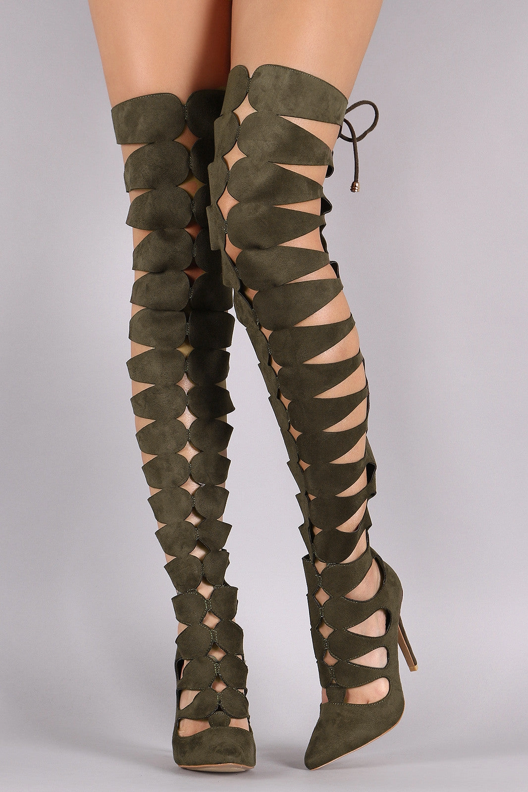 Knee High Wide Calf Boots Uk Suede Keyhole Cutout Pointy Toe Lace Up Stiletto Boots