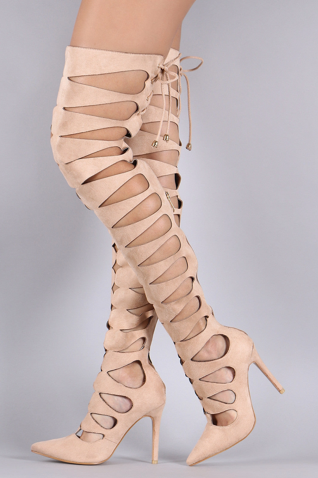 Knee High Suede Cowgirl Boots Suede Keyhole Cutout Pointy Toe Lace Up Stiletto Boots