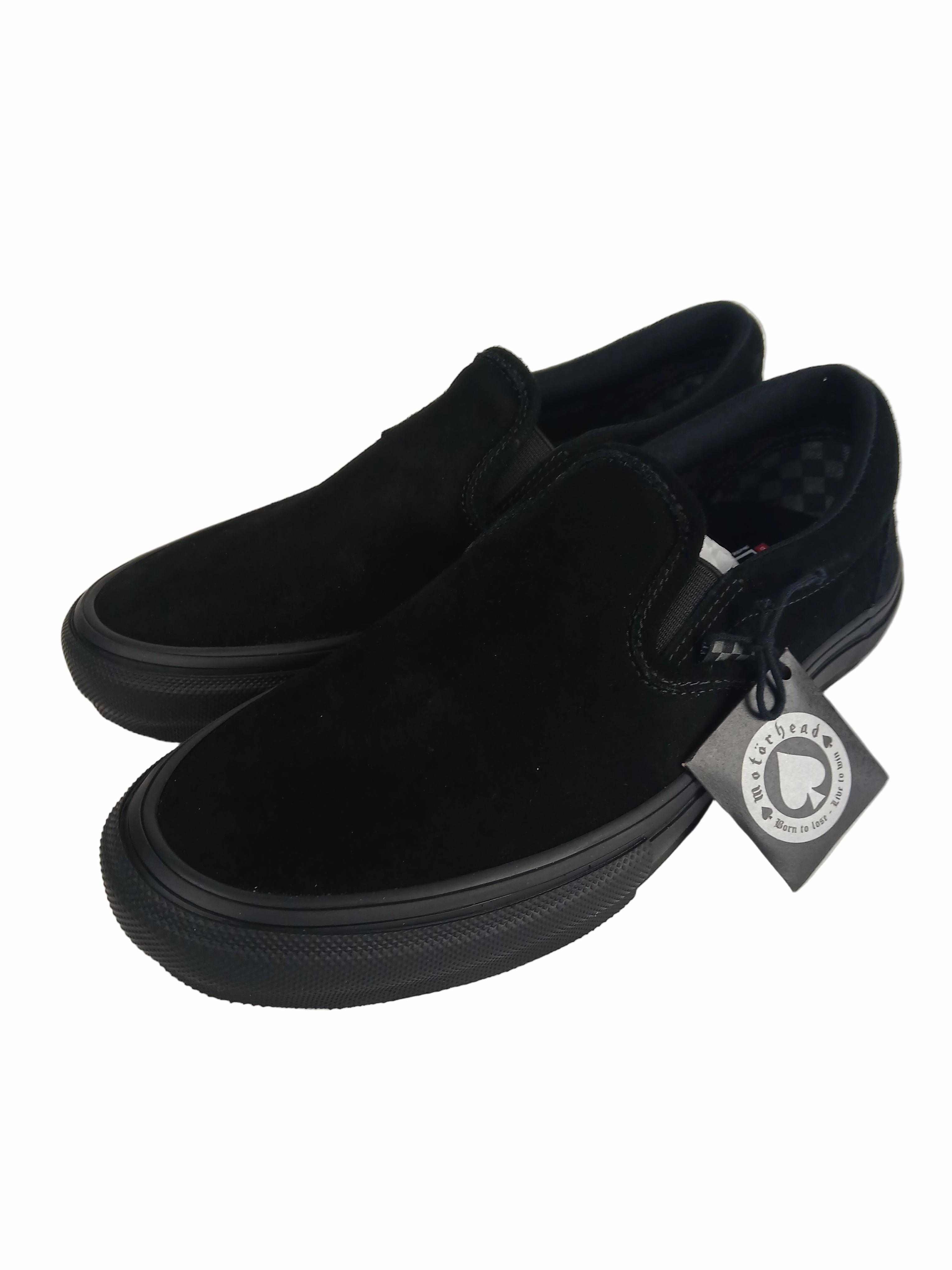 Vans Motorhead Skate Slip On Black Black US Mens Size 11.5 Shoes With Limited Edition Motorhead Banner & Pin Pack Chuck Taylor Skate