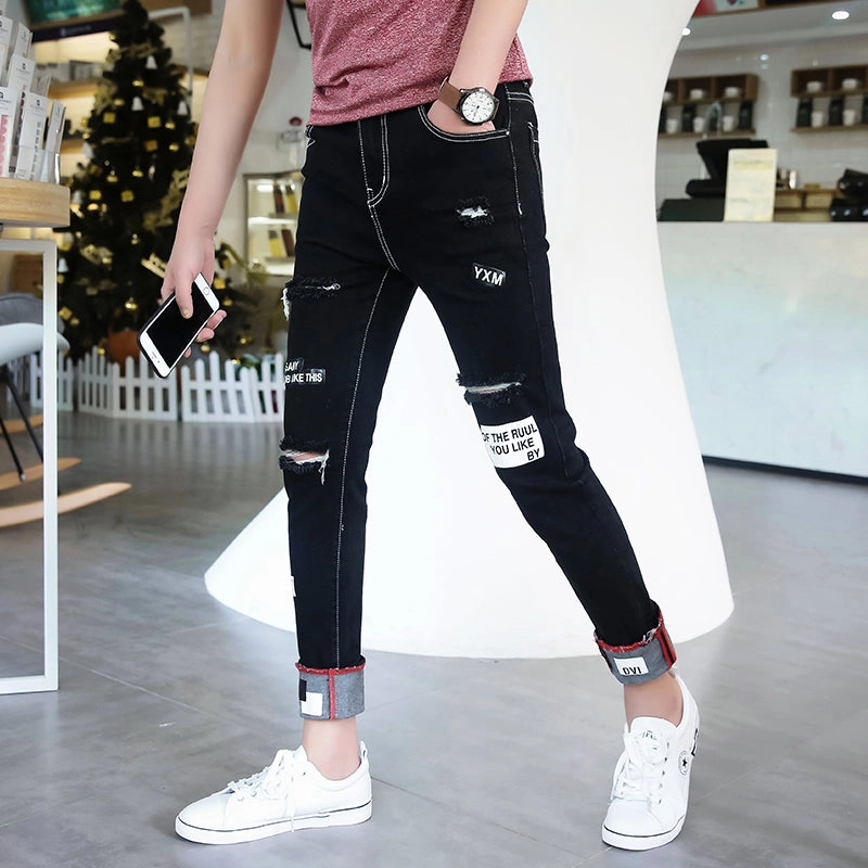 Men Autumn Black Ripped Ankle Jeans