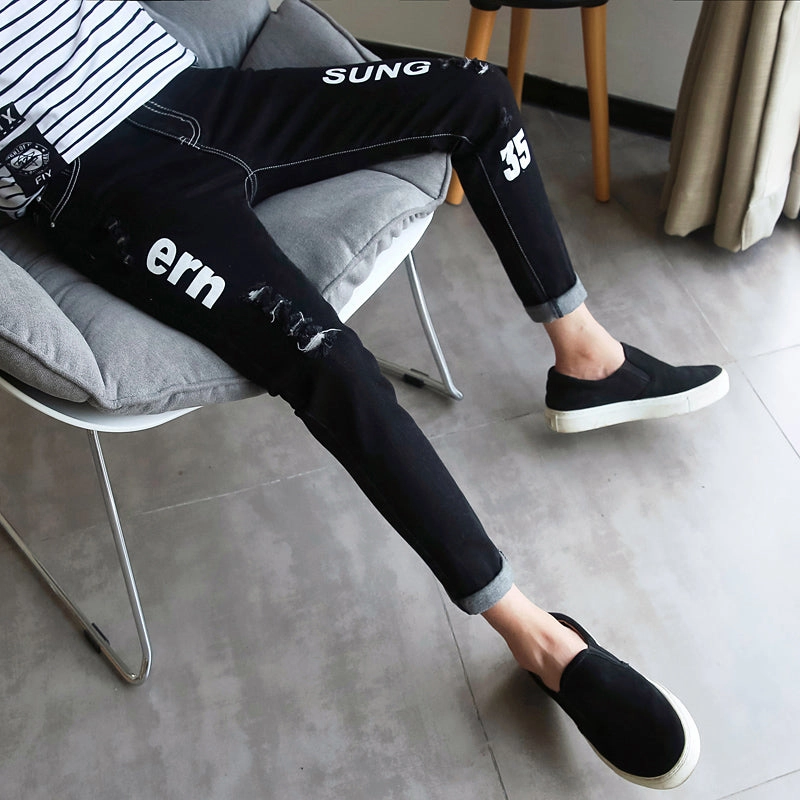 Men Autumn Black Ripped Ankle Jeans