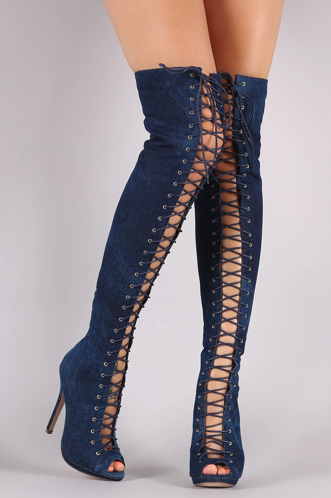 Knee High Peep Toe Boot Liliana Denim Lace Up Stiletto Heeled Over-The-Knee Boots