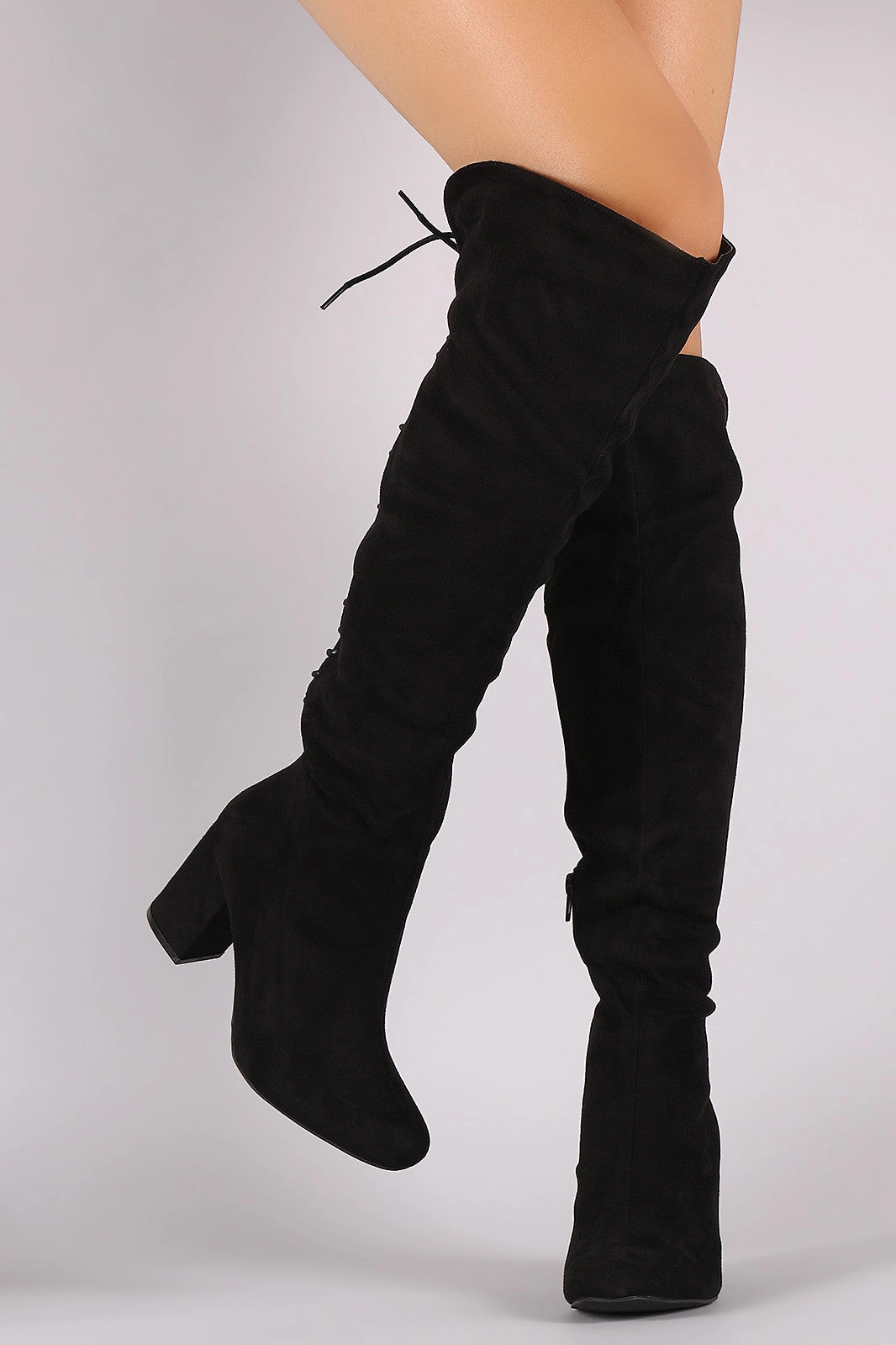 Knee High Boots Size 6 Wild Diva Lounge Suede Back Lace Up Chunky Heeled Boots