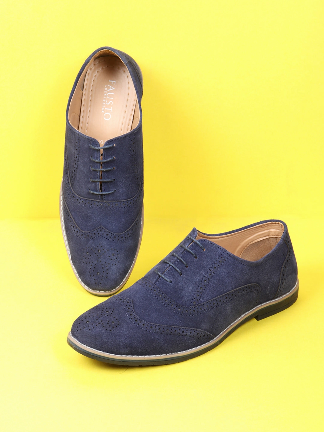 Men Navy Suede Leather Brogue Shoes with TPR Welted Sole Best Flat Bottom Work Boots