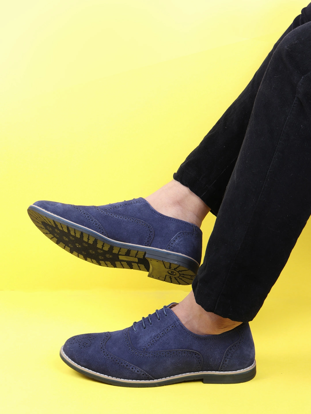 Work Boots With Toe Cap Men Navy Suede Leather Brogue Shoes with TPR Welted Sole