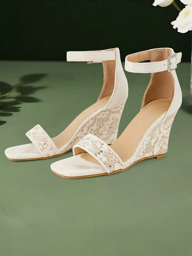 White Heel Women Lace Stylish Sandals for  Strap Wedge Ankle
