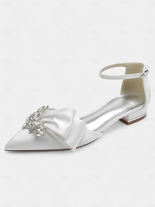 Utility Ankle Boots with Heels Pointed-Toe Ankle and White Bow Satin Rhinestone