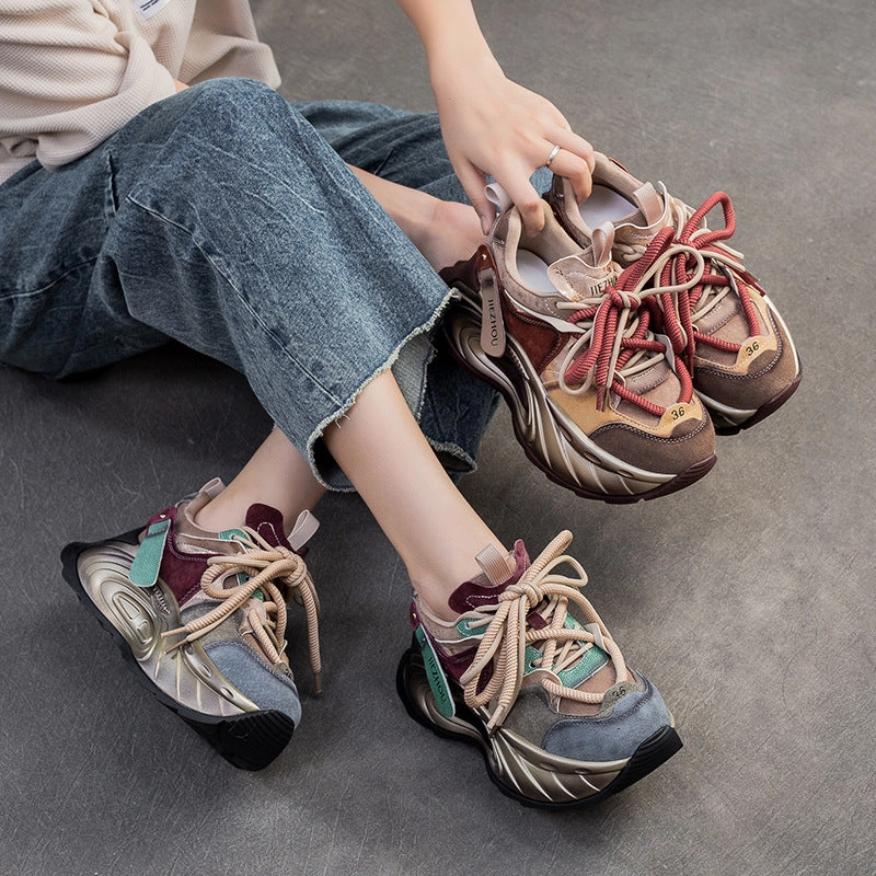 Women Fashion Patchwork College Chunky Platform Sneakers Sneakers Trailer