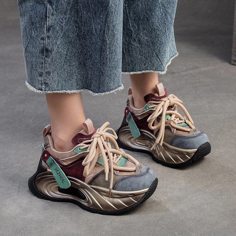Women Fashion Patchwork College Chunky Platform Sneakers Gola Cyclone Leather Sneakers